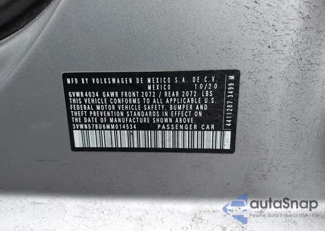 2021 Volkswagen Jetta 1.4T R-Line/1.4T S z USA, uszkodzony, nr VIN 3VWN57BU6MM014534